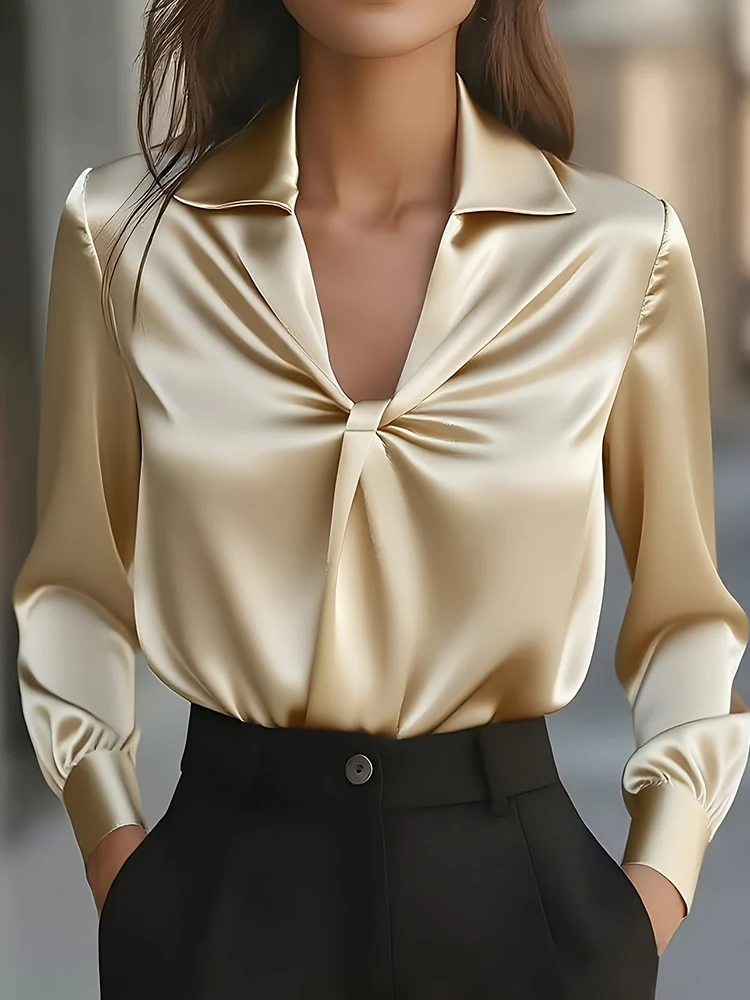 Nowe eleganckie i proste bluzki na wiosnę i jesień, damskie koszule z kołnierzykiem, codzienne i szykowne topy, koszule damskie z długim rękawem, z zakładkami i patchworkiem, kolekcja 2025.