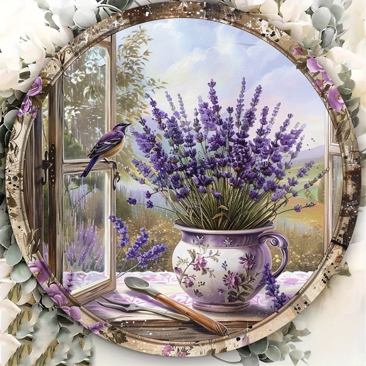 2D Precise Elegant Retro Wooden Round Plate Lavender Floral Bird Pattern Wall Hanging Outdoor Decor Artistic Furniture Gift