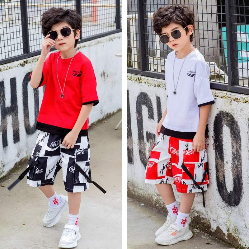 

Children's and boys' street dance trendy clothing short sleeved summer loose and cool hip-hop clothing set performance dress