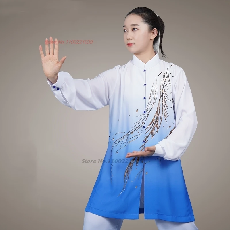 

2025 китайская униформа тай-чи, градиент цвета, цветочный принт, тренировочные упражнения для боевых искусств, винчунь, ушу, кунг-фу, выступление команды