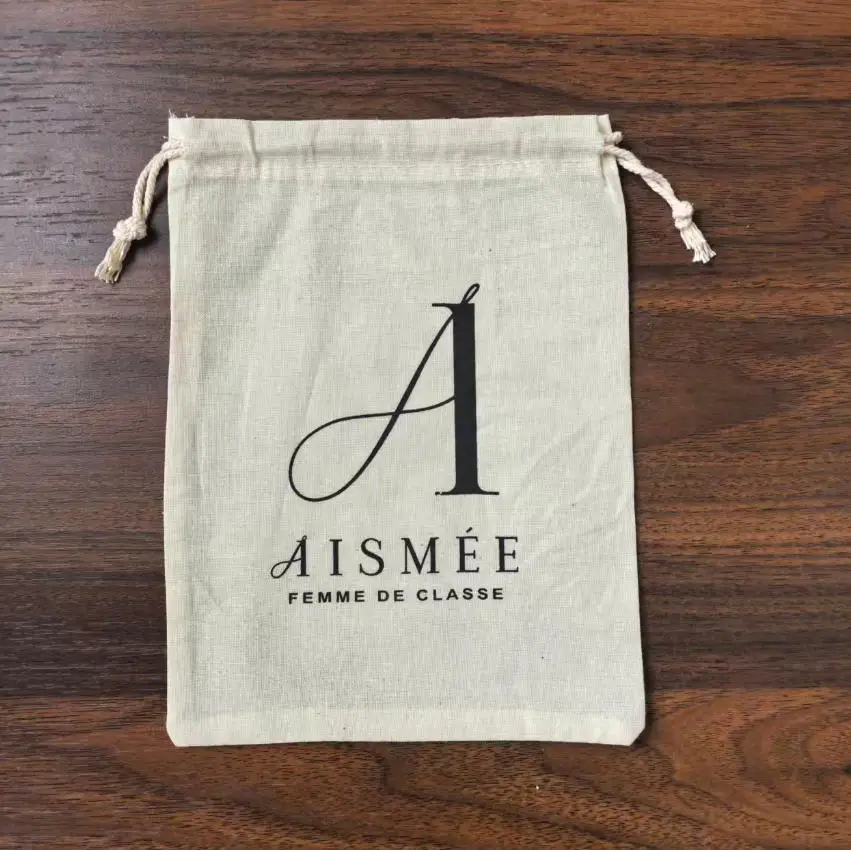 

100 Pieces 15*20cm Natural Cotton Bags Drawstring Gift Pouches Screen Printed With Big Black Logo Customised Logo