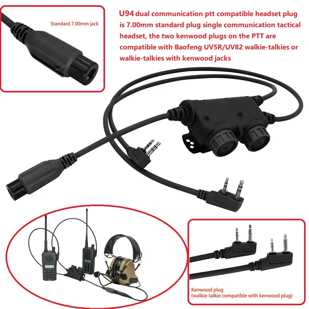 Tactical U94 Ptt Dual Communication Ptt with Kenwood 2 Pin Plug Compatible with Tactical Headset COMTAC SORDIN Shooting Headset