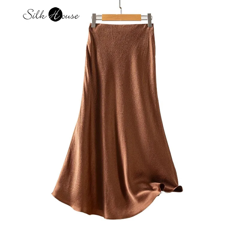 

2025 Women's Summer Casual New 100% Natural Mulberry Silk Pearl Satin Slant Cut Brown Coffee Color Butt Wrapped Fishtail Skirt
