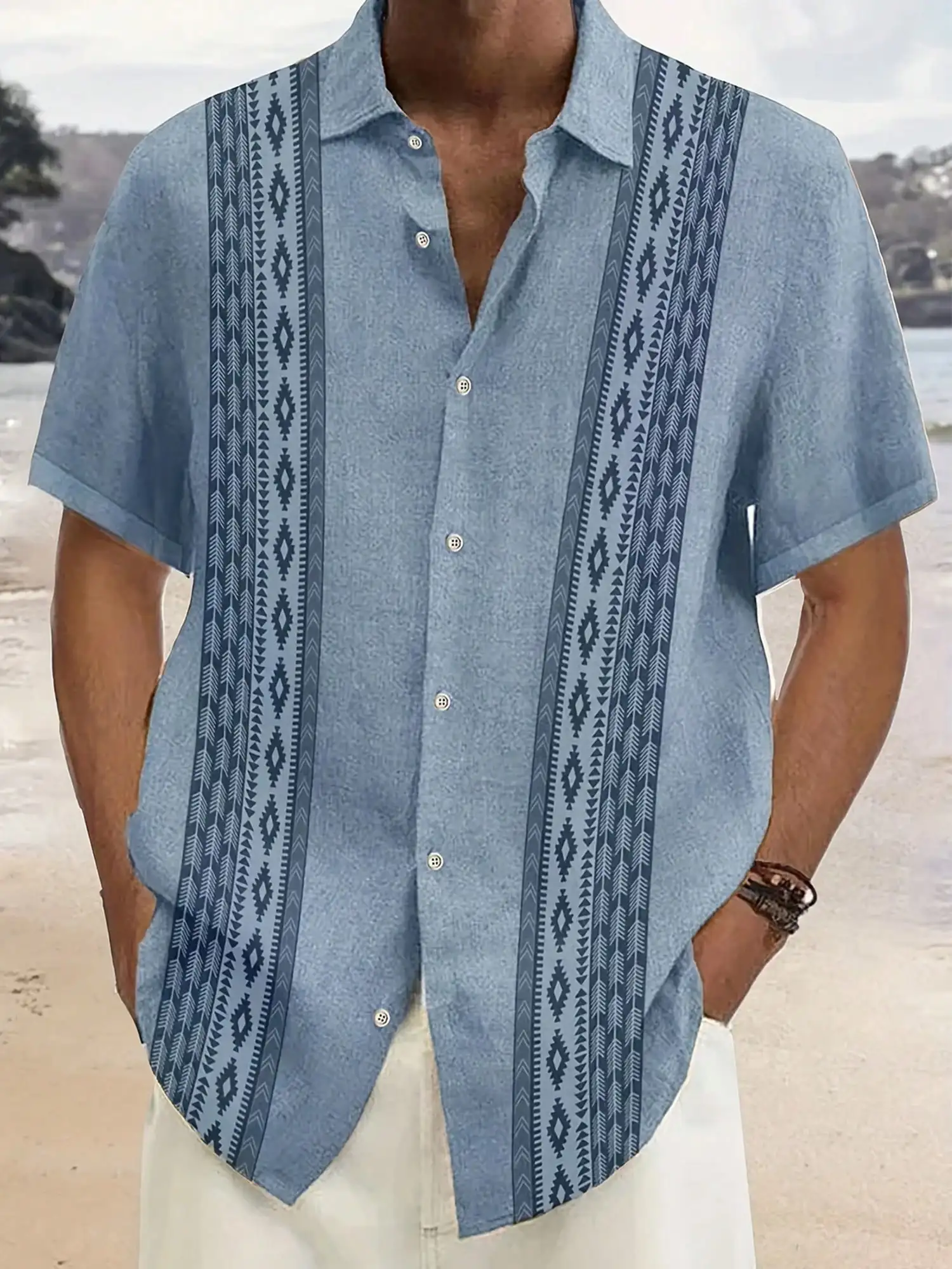 

Men's Casual Short Sleeve Button Front Shirt with Tribal Print, Lightweight Woven Fabric, Summer Beach Wear