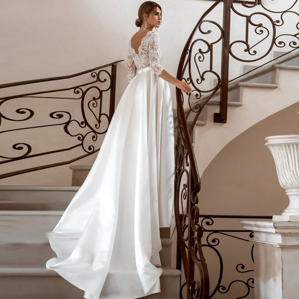 Robe de Mariée en Satin Simple et Élégante, Décalcomanie en Dentelle, Col en V, Manches à Sept Points, Sexy, Dos aux, Boutonnée, à la Mode, Mariage, 2024