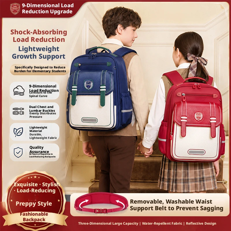 Kids Red White School Backpack for Boys Girls Ergonomic Bookbag with Flap Reflective Student Children Travel Daypack