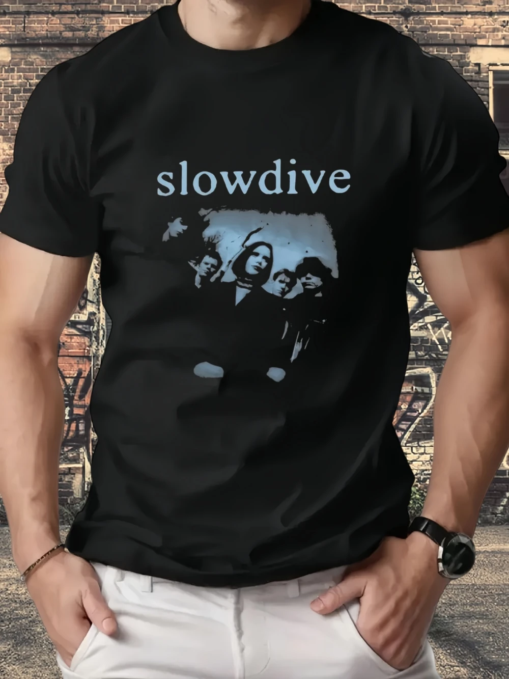 Schwarzes Kurzarm-T-Shirt für Herren mit Slowdive Shoegaze Band-Aufdruck, Musik-Fan-Bekleidung, lässiges Rundhals-T-Shirt, geeignet für den Sommer
