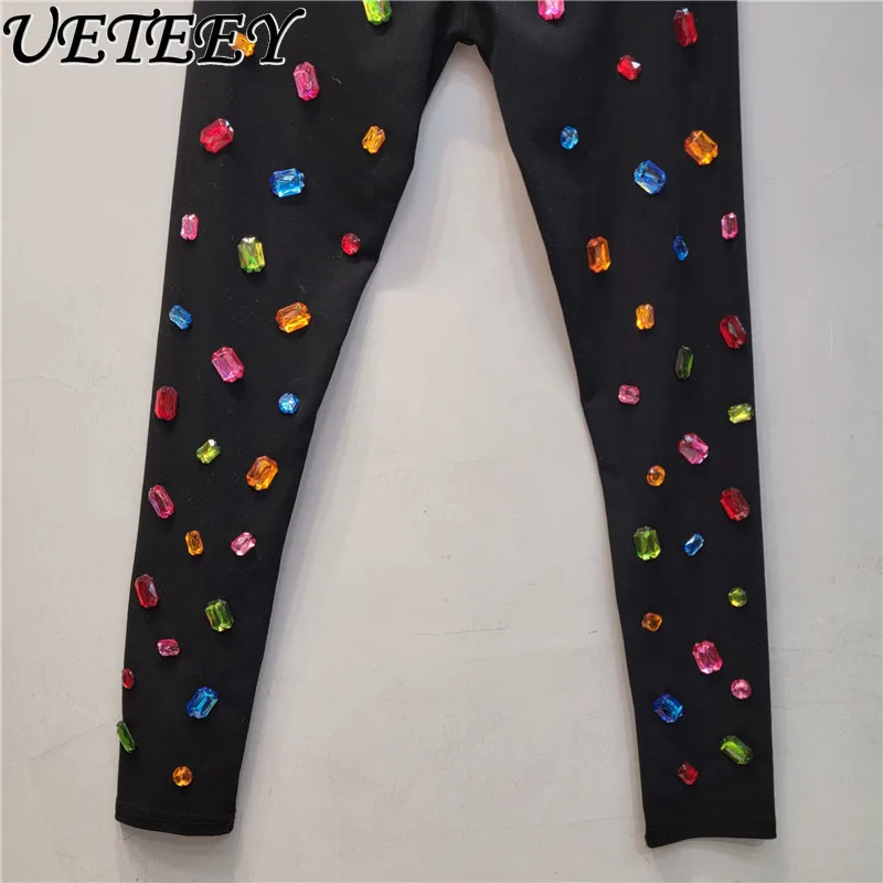 2023 Winter New European Style Design Black Leggings Women's Elastic Waist Color Rhinestone Slim Fit Fitness Leggings Female