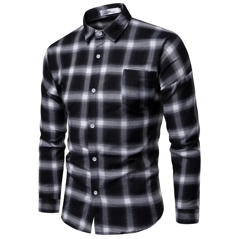 LIBIELIY Men Plaid Single Breasted Shirts Long Sleeve T Shirt Loose Fit Casual Shirts Turn Down Collar Blouses Male Button Pocke