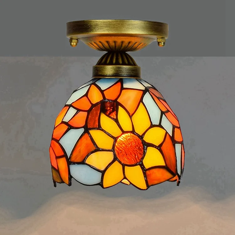 8 Inch 20cm Tiffany Sunflower Style Night Mini Accent Lamps Stained Glass Panel Modern Led Ceiling Lights Lamparas De Techo