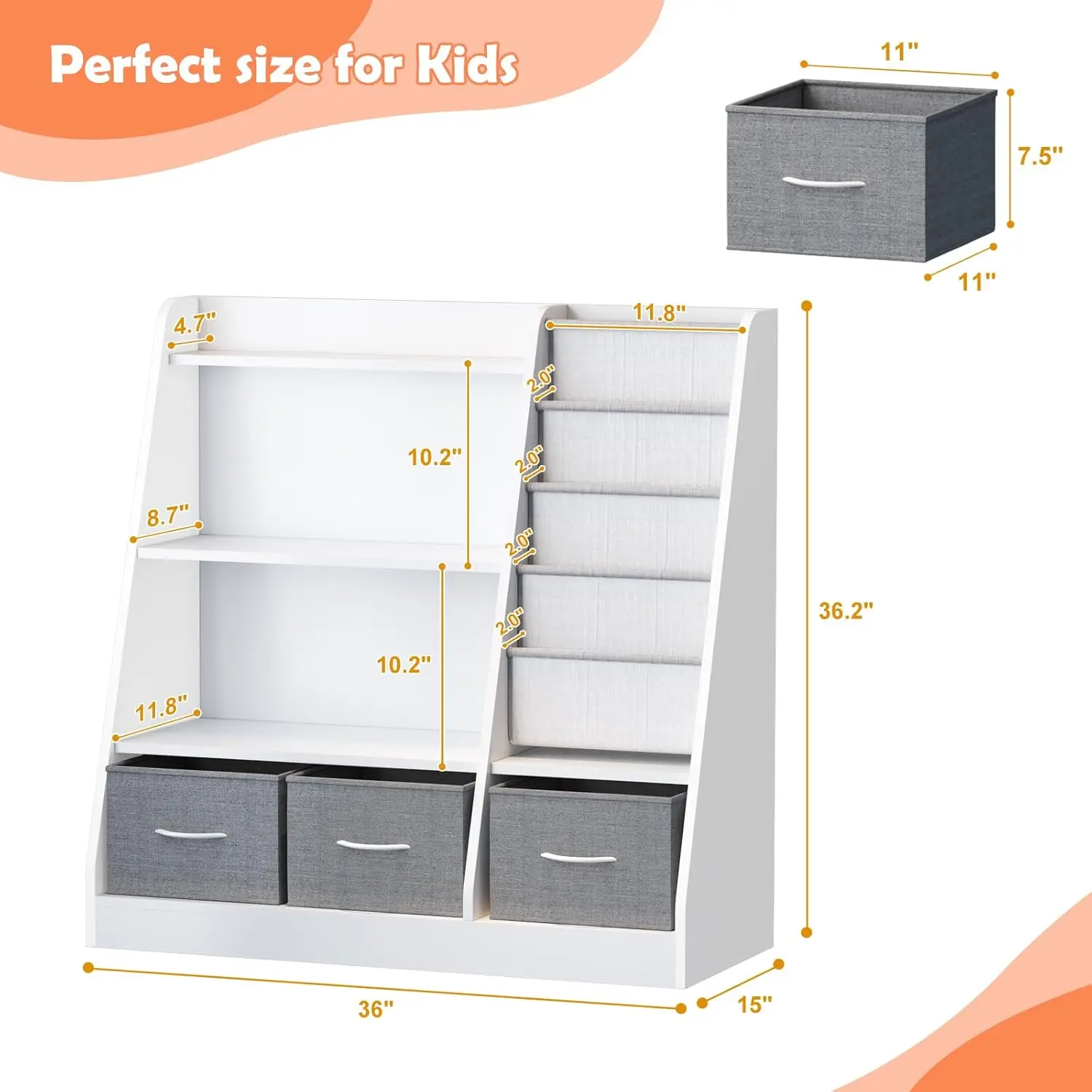 Kids Bookshelf Wood Toy Storage Organizer Cabinet Children Bookcase Toddler Baby Sling Book Rack 3 Cube Bins Fabric Drawers for