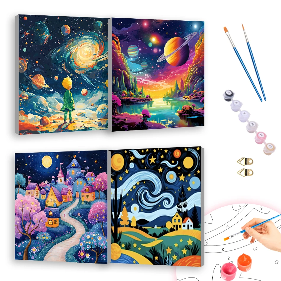 

RUOPOTY Oil Painting By Numbers Wonderful Starry Sky Scenery Acrylic Paints 20x20cm ready Frame Canvas For Beginner Simple Set