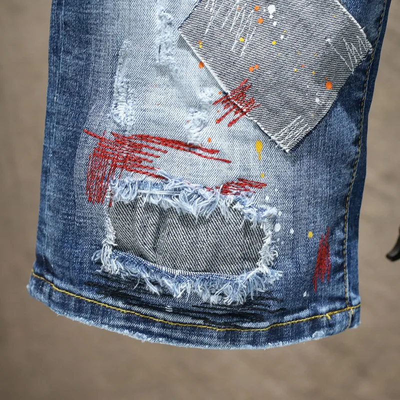 Summer Paint Point Denim Pants Men Stretch Ripped Patch Jeans Shorts Color Thread Embroidered Hand Painted Flip Red Ear Cotton 2