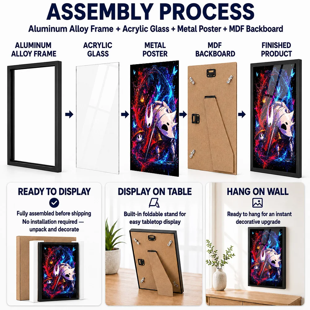 Hollow Knight Characters With Vibrant Splatter Framed Metal Print Customized Mythic Fantasy Tribute Wall Art Ideal For Game Room