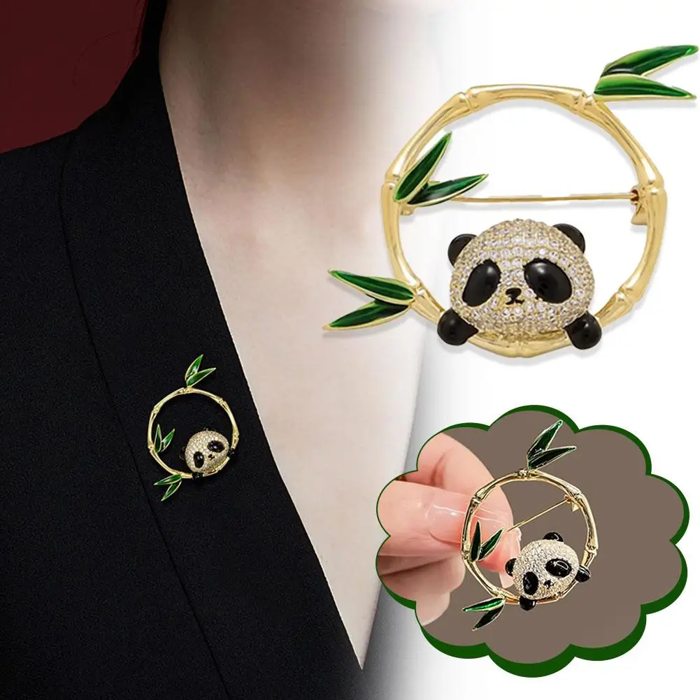 Cute Animal Panda Brooch Pins for Women Men Exquisite Rhinestones Bamboo Enamel Badges Shirt Lapel Hat Decoration Party Gif L9I4