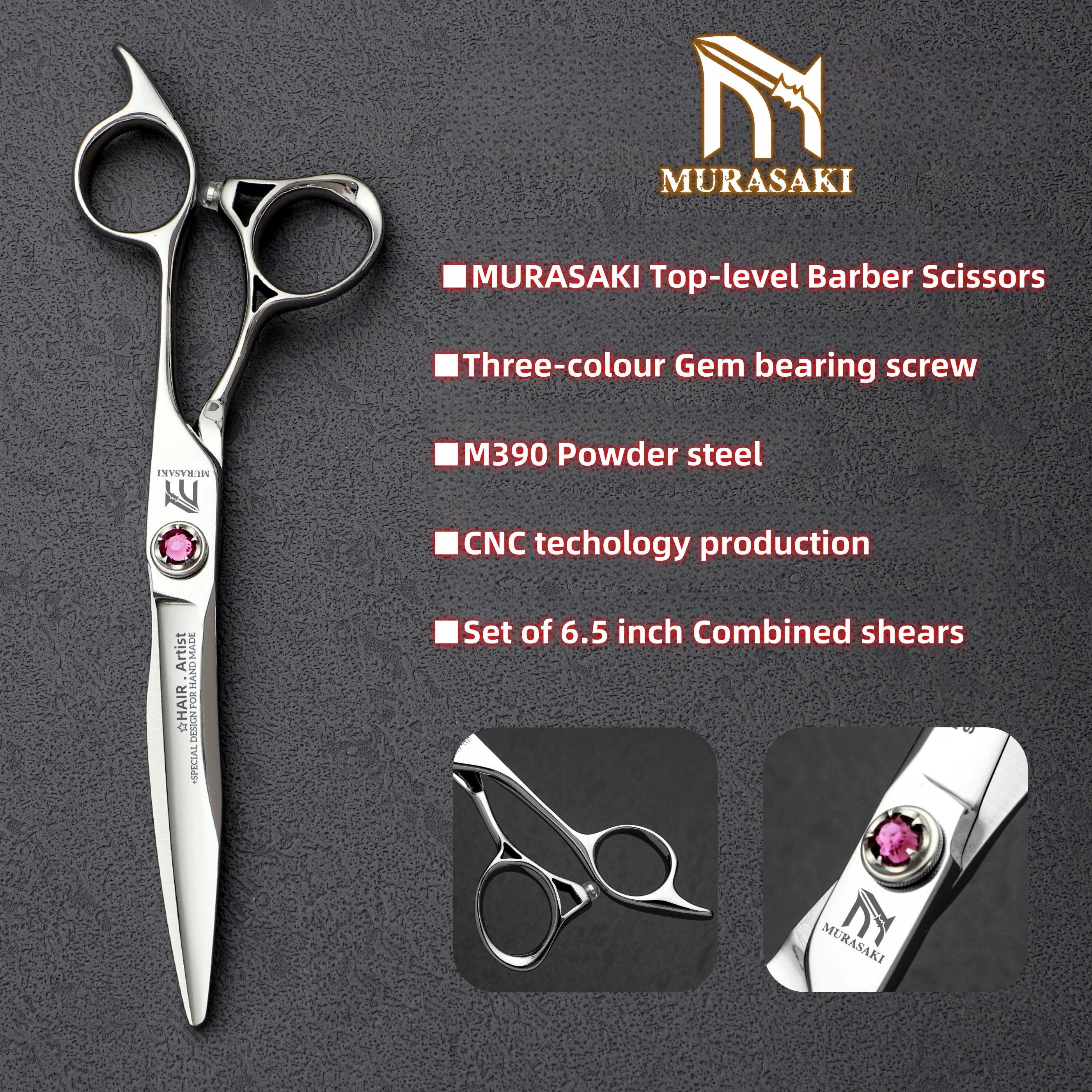 MURASAKI Professional hairdressing scissors，Top-level Barbershop accessories，M390 Powder-steel for 6.5 inch Hair cutting machine
