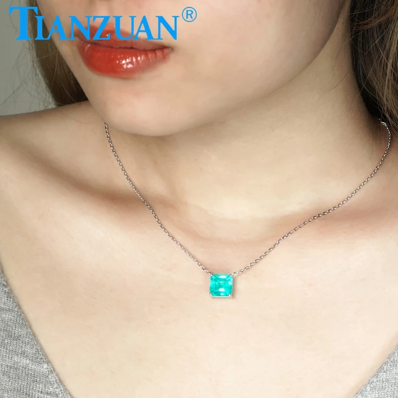 Fashion Paraiba Color YAG Pendant 10mm Asscher Cut Lab Grown Yttrium Aluminum Garnet  Jewelry for Women Necklace Gifts 45CM Link