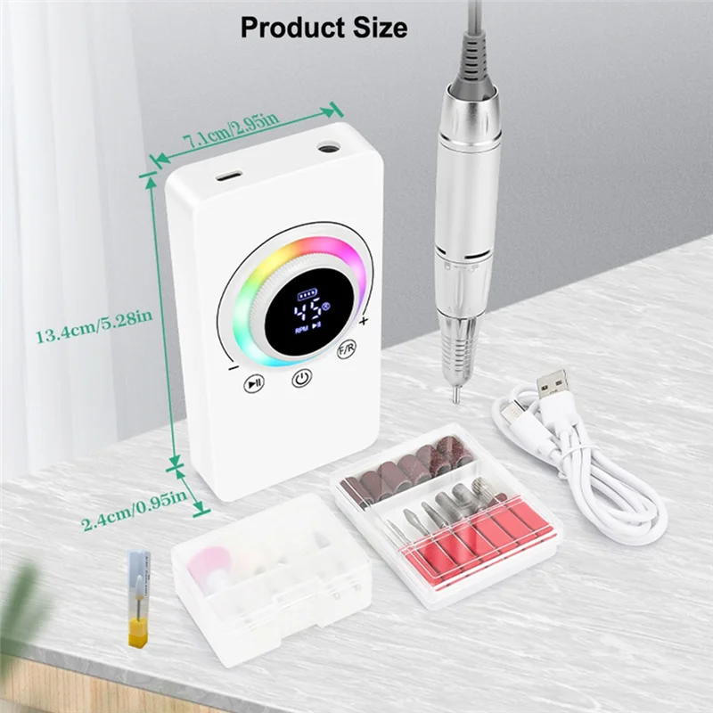 Taladro de uñas con pantalla LCD de A74G-HD, herramienta de manicura eléctrica recargable de 45000RPM para esmalte de uñas en Gel, poco ruido