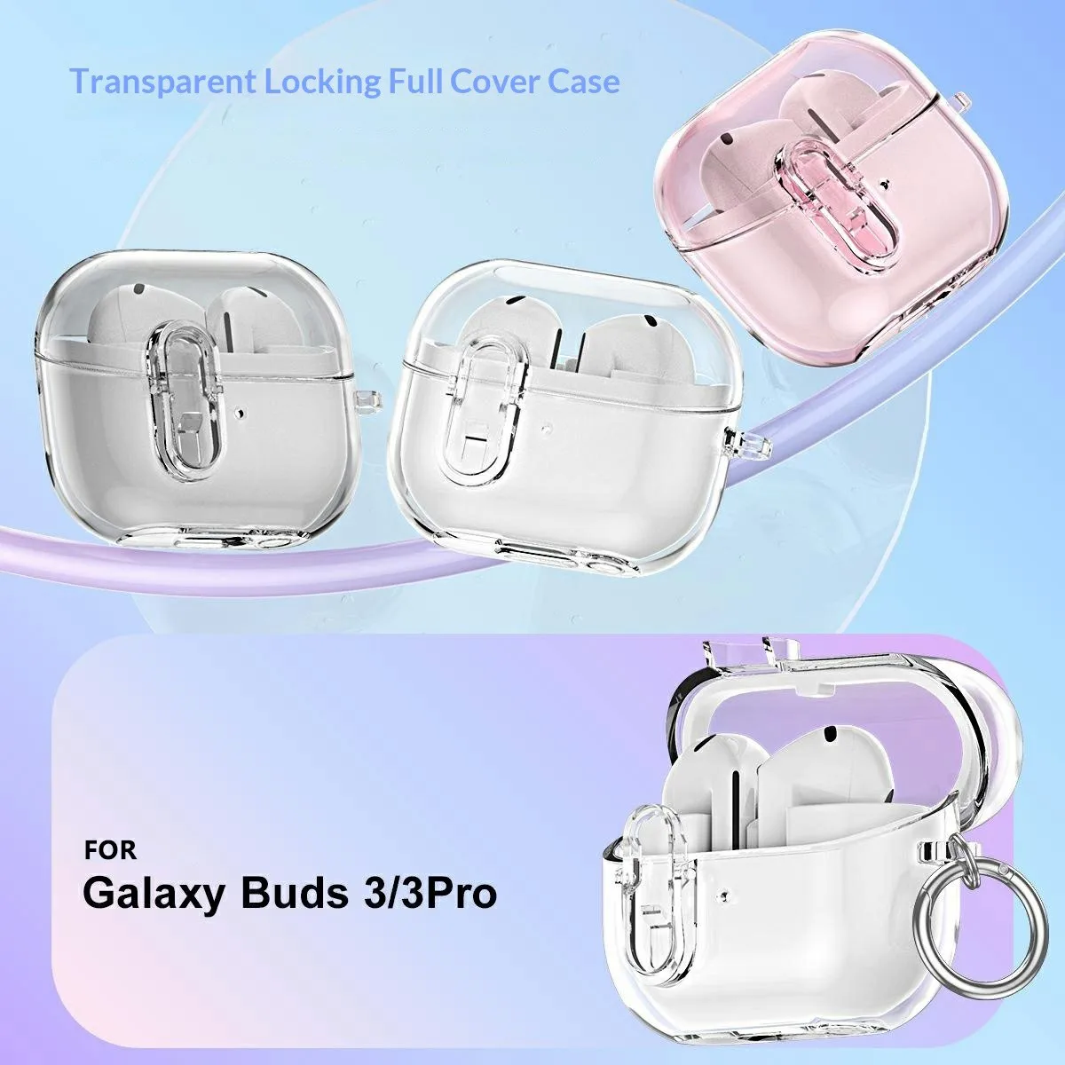 For Samsung Galaxy Buds3 / Buds3 Pro TPU Case Locking Button Clear Earphone Cover with Metal Buckle - Transparent
