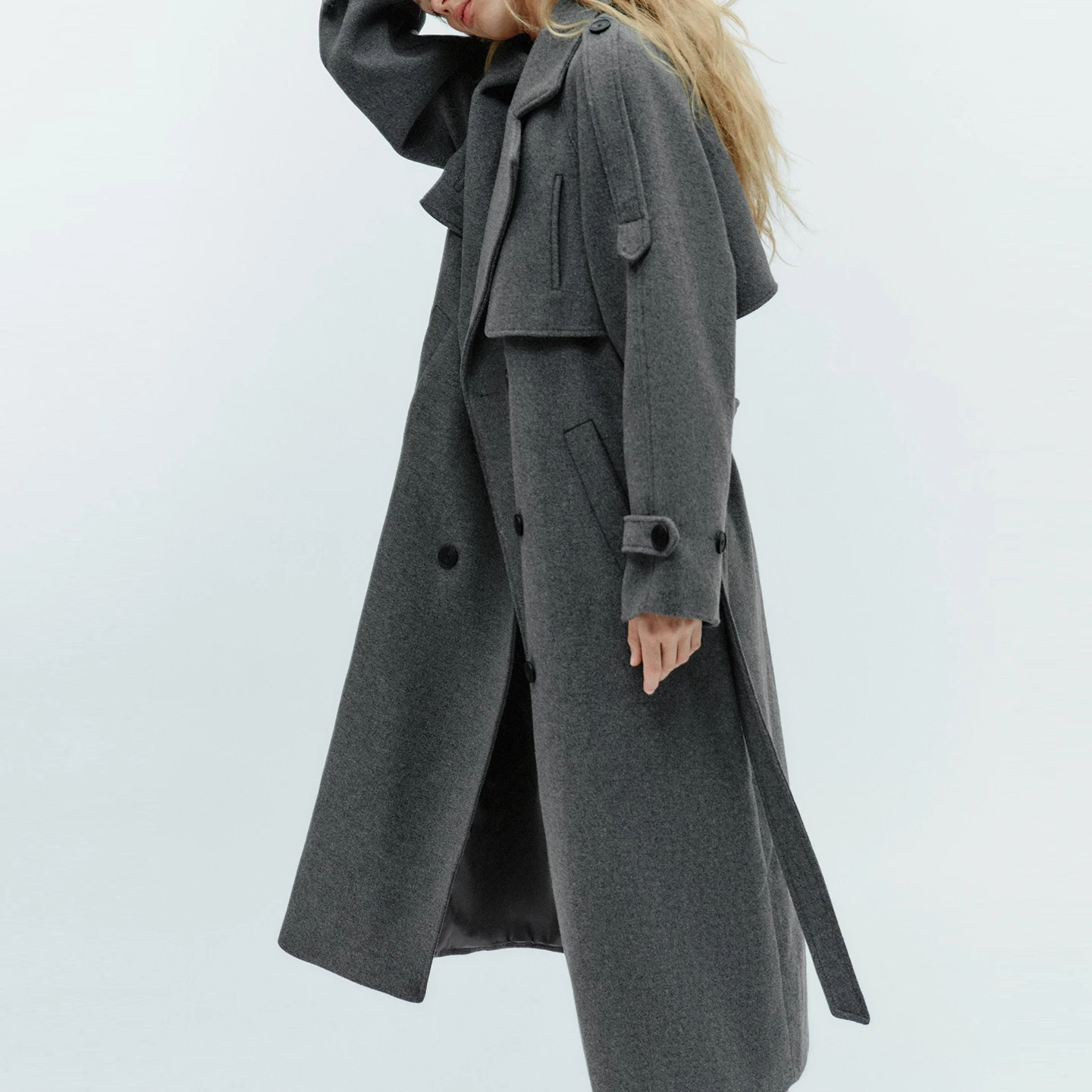 

Модное длинное женское пальто с петлей для ремня, двубортное, осень 2021, Z, длинный свек, другой материал