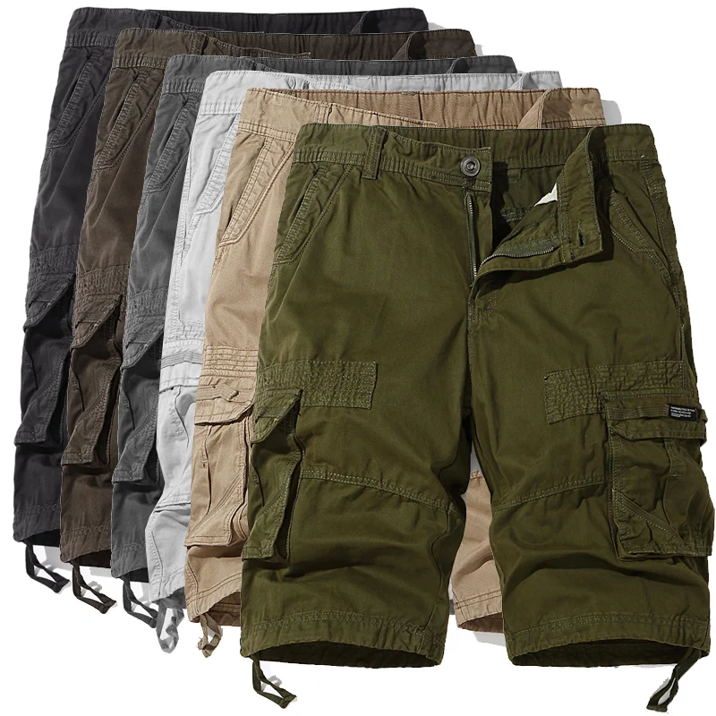 Cotton Men\'s Work Shorts Summer Fashion Solid Color Casual Multi-pocket Button Zipper Beach Pants 1/2 Pants  Military Green