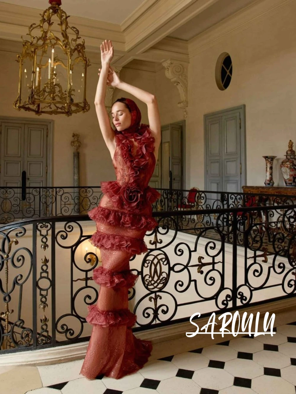 Chic Tiered Ruffled Vintage Evening Dress Sexy Open Back Bodycon Fit Dreamy Lace Prom Gown Glamorous Dinner Party Women Wear