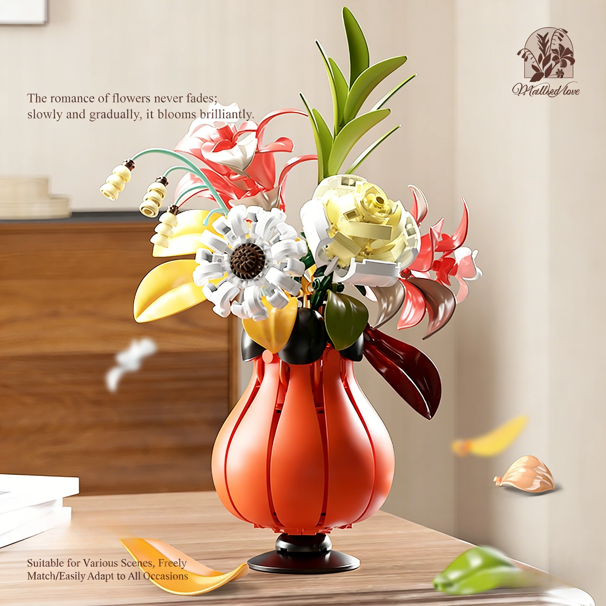 

Конструктор MJ BLOCK «Букет роз», креативная модель MOC, кирпичики для сборки, игрушка-цветы, подарки для девочек и взрослых, 382 детали