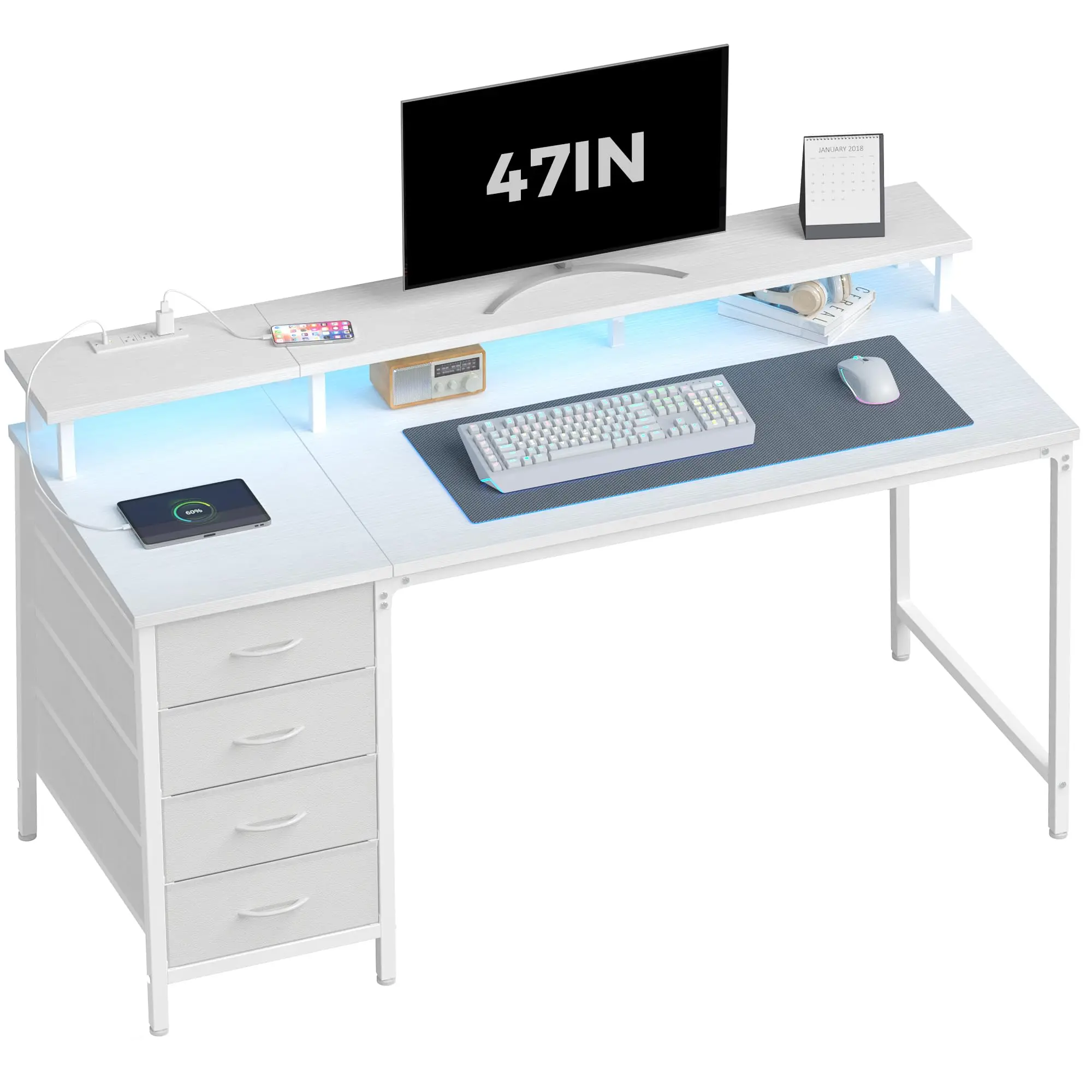 4 Drawer Gaming Desk with LED Lighting and Power Hub