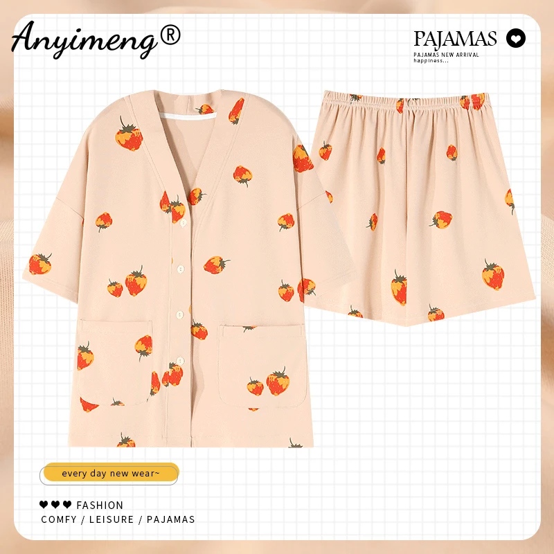 Summer Kimono Women Pajamas Fashion Woman V-neck Pijamas Kawaii Girl Pajama Japanese Pijamas Strawberry Printed Nightwear