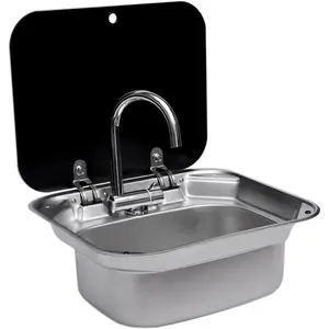 Caravan or Boat Stainless Steel Hand Wash Basin Sink with Folded Faucet Tempered Glass Lid for RV Caravan Camper Trailer Accesso