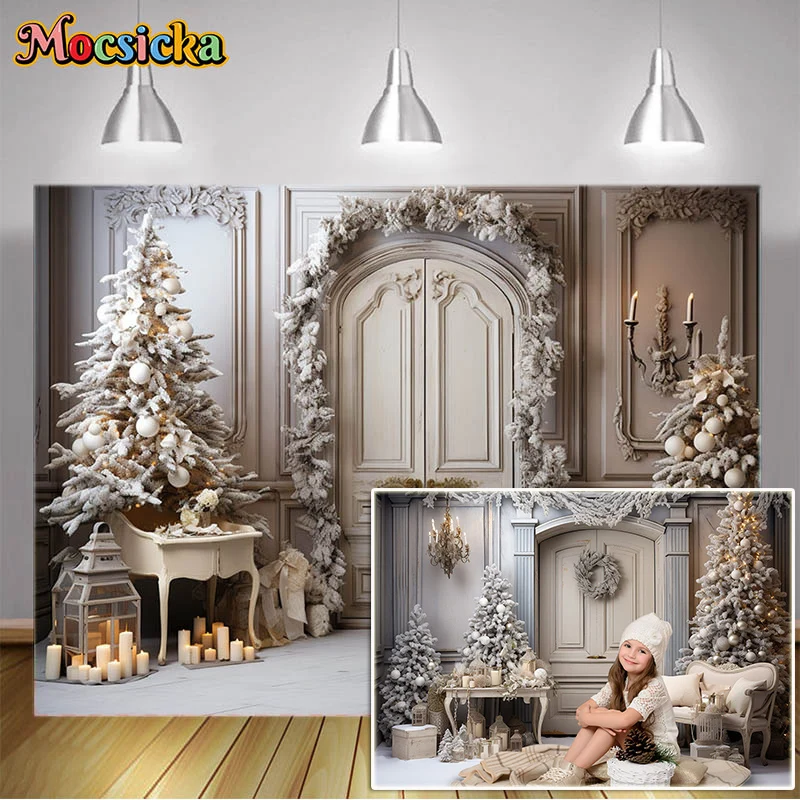 

Mocsicka Background Christmas Luxury Interior Decorative Tree Gifts Winter Backdrop Wooden Door Wreath Banner Photocall Props