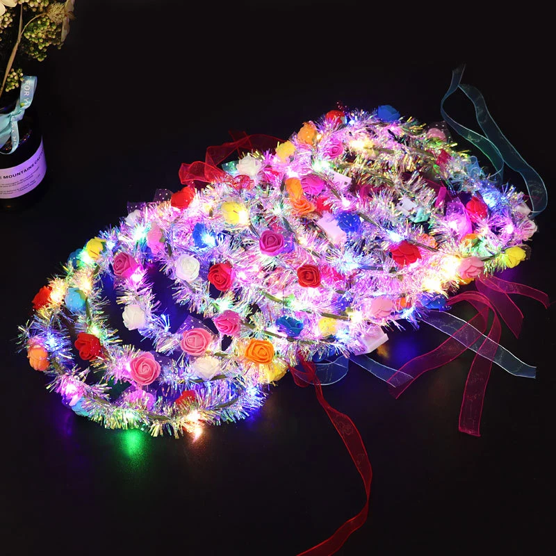 LED Flower Crown Fairy 14-LED Light Up Hair Wreath Party Floral Headpiece Hair Band Birthday Wedding Luminous Headband Christmas