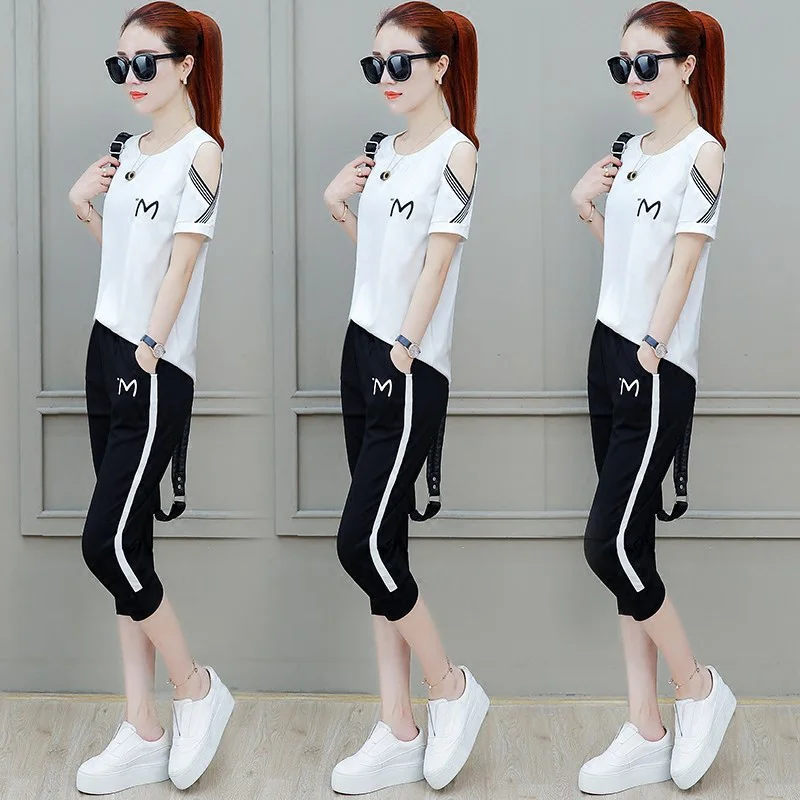 Women\'s Casual Suit Summer 2023 New Loose Sports Clothes Korean Short Sleeve T-shirt Capris Pencil Pants Two Piece Set For Women