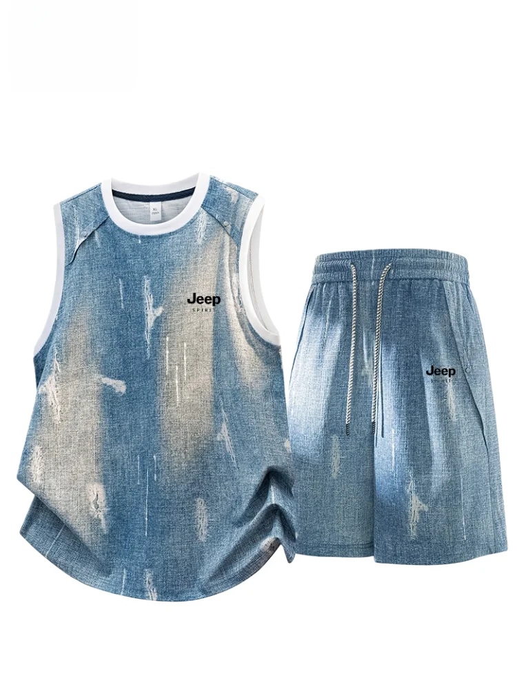 spirit-men's-tie-dye-sleeveless-set-summer-trend-loose-plus-size-quick-dry-sports-wear-polyester-fiber-short-pants