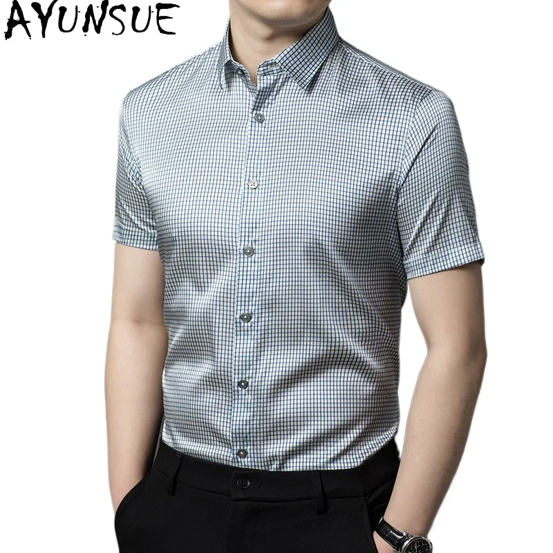 

AYUNSUE 92% Real Mulberry Silk Shirts for Man 2026 Summer Fashion Plaid Tops Short Sleeve Shirts Casual Mens Shirt Chemise Homme