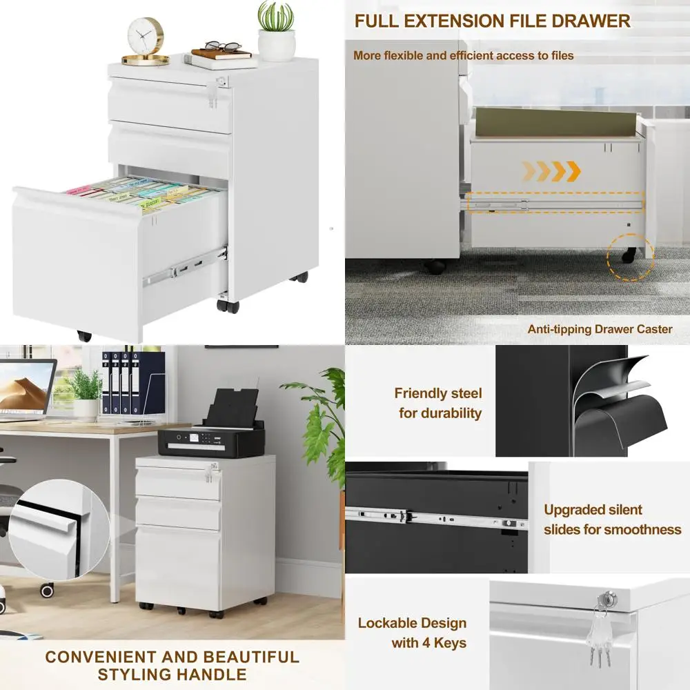 خزانة ملفات متنقلة قابلة للقفل بثلاثة أدراج للمكتب المنزلي، حل تخزين تحت المكتب مع 4 مفاتيح