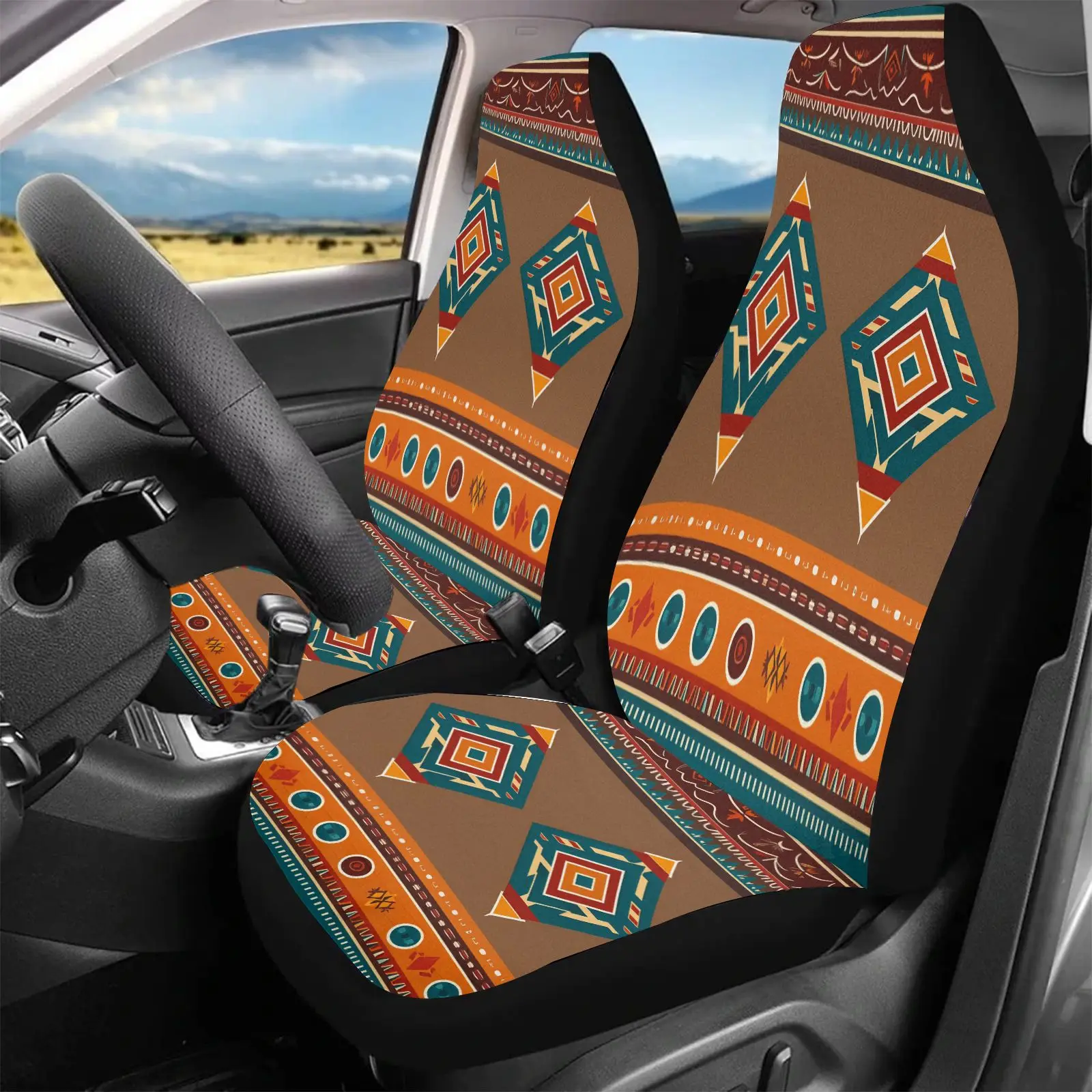 Car Seat Covers Brown Tribal Pattern With Geometric Designs For Vehicle Interior Decoration