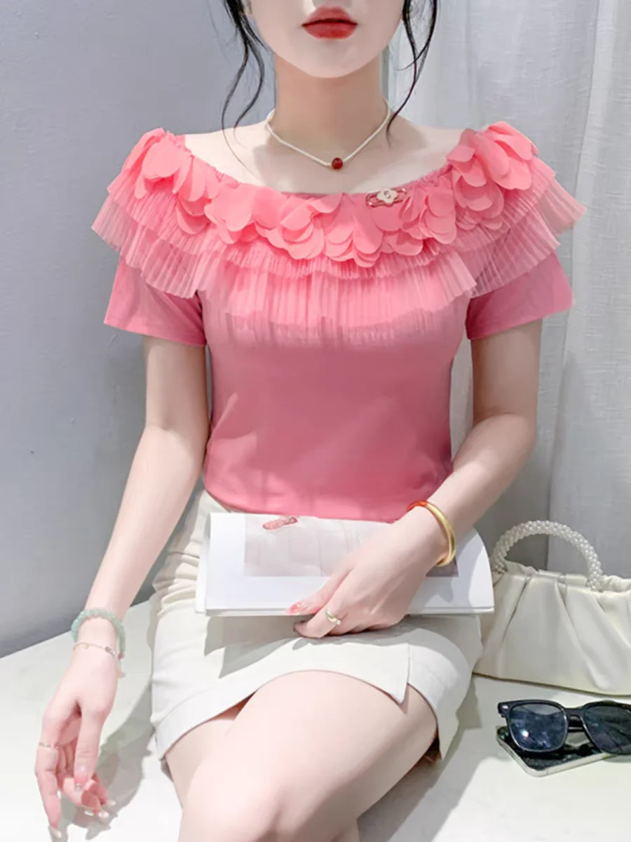 2024 Summer Short Sleeve Cotton T Shirts Girl Patched Ruffles Mesh Slash Neck Stretchy Tee Tshirt Women Slim Tops