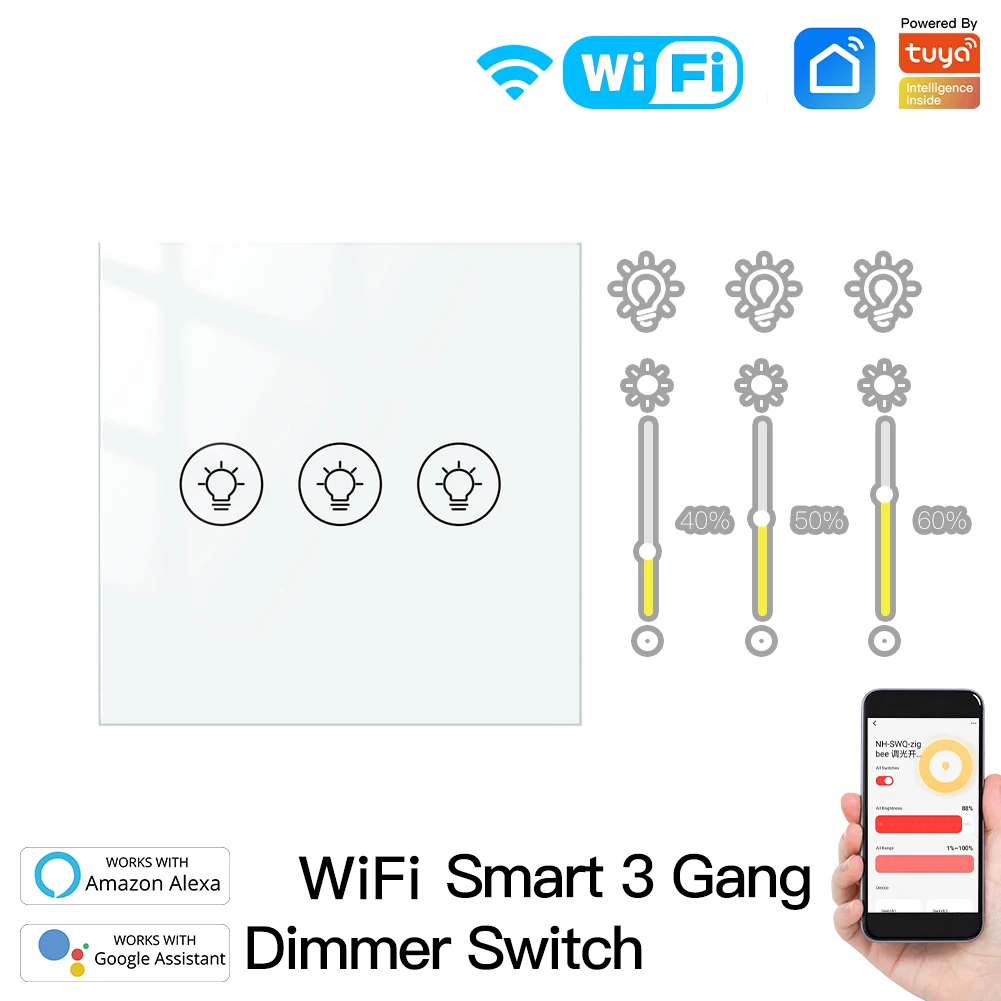 EU WiFi Smart Dimmers Switch 1/2/3 Gang Touch Switch  LED Light Brightness Wireless Control Tuya APP Voice for Alexa Google