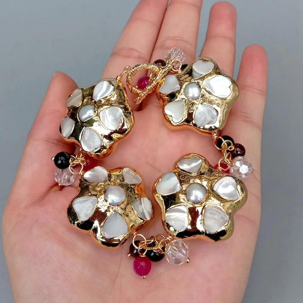 

Y·YING Natural White Sea Shell Pearl Flower Garnet Agate Beaded Bracelet Women Jewelry Gift