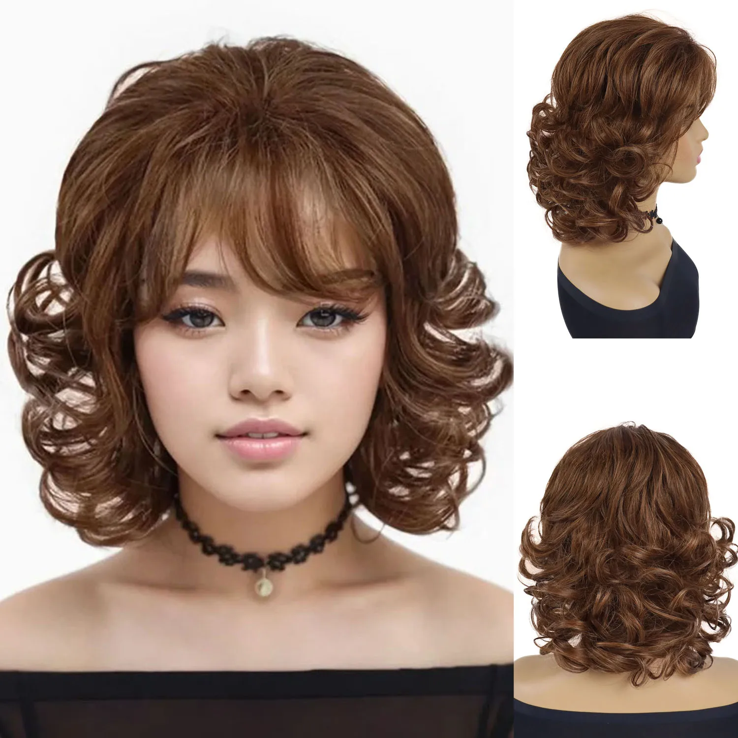 

Синтетический женский кудрявый парик GNIMEGIL с челкой, короткий, светло-коричневый, пушистый, элегантный женский парик для повседневного использования, косплея, Хэллоуина, вечеринок