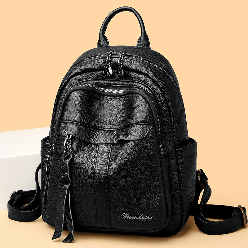 Women Backpack High Quality Soft Leather Female Vintage Black School Bags for Girls Large Capacity Travel Backpack Bookbag