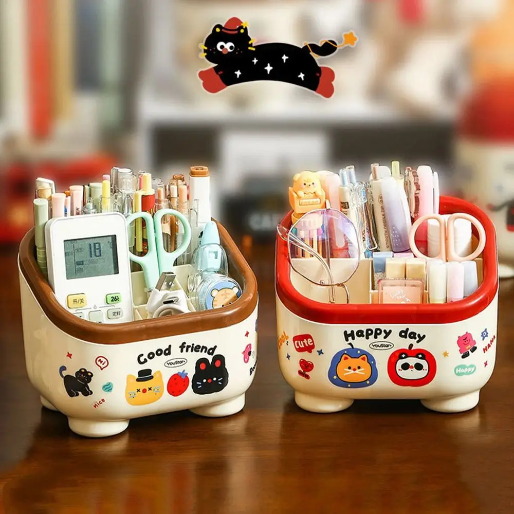 New Multi Grid Penholder Cartoon Pattern with Stickers Table Storage Box Large Capacity Makeup Brush Organizer Box