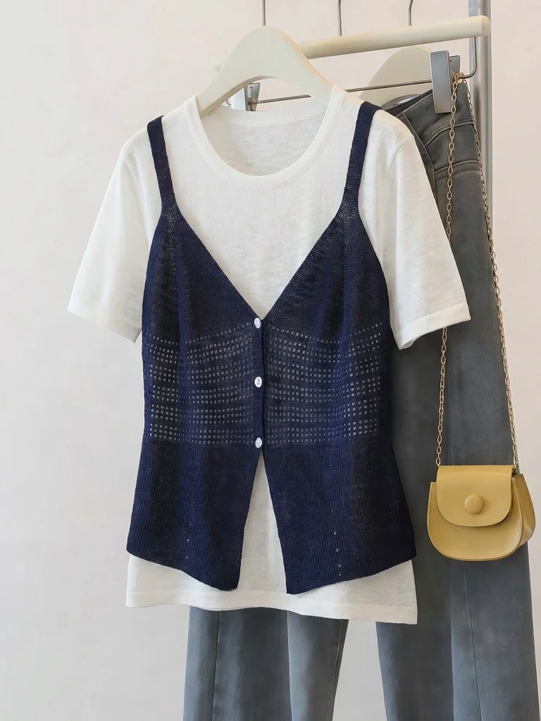 

Blue Hollow out Bamboo Cotton Short Sleeve T-Shirt Women's plus Size Summer New Style Two-Piece Set Korean Style Loose Fit