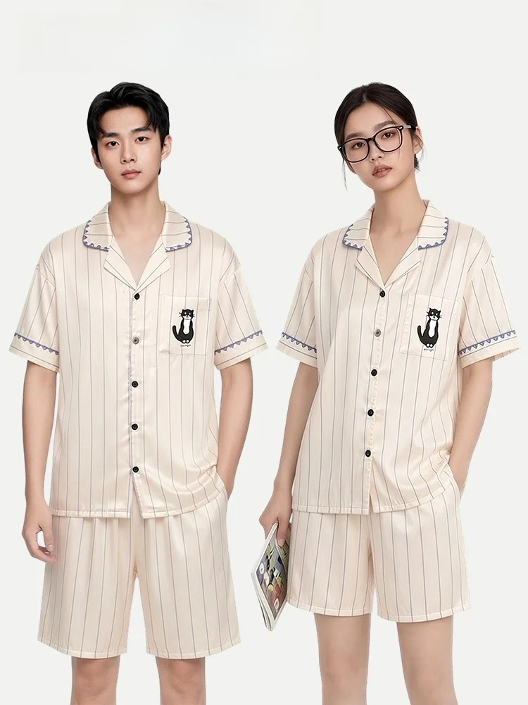 

PinkBread Couple's Summer Sleepwear Short Sleeve Water Light Silk Home Clothes Cool Feeling Ice Silk Loose Fit Home Leisure Suit