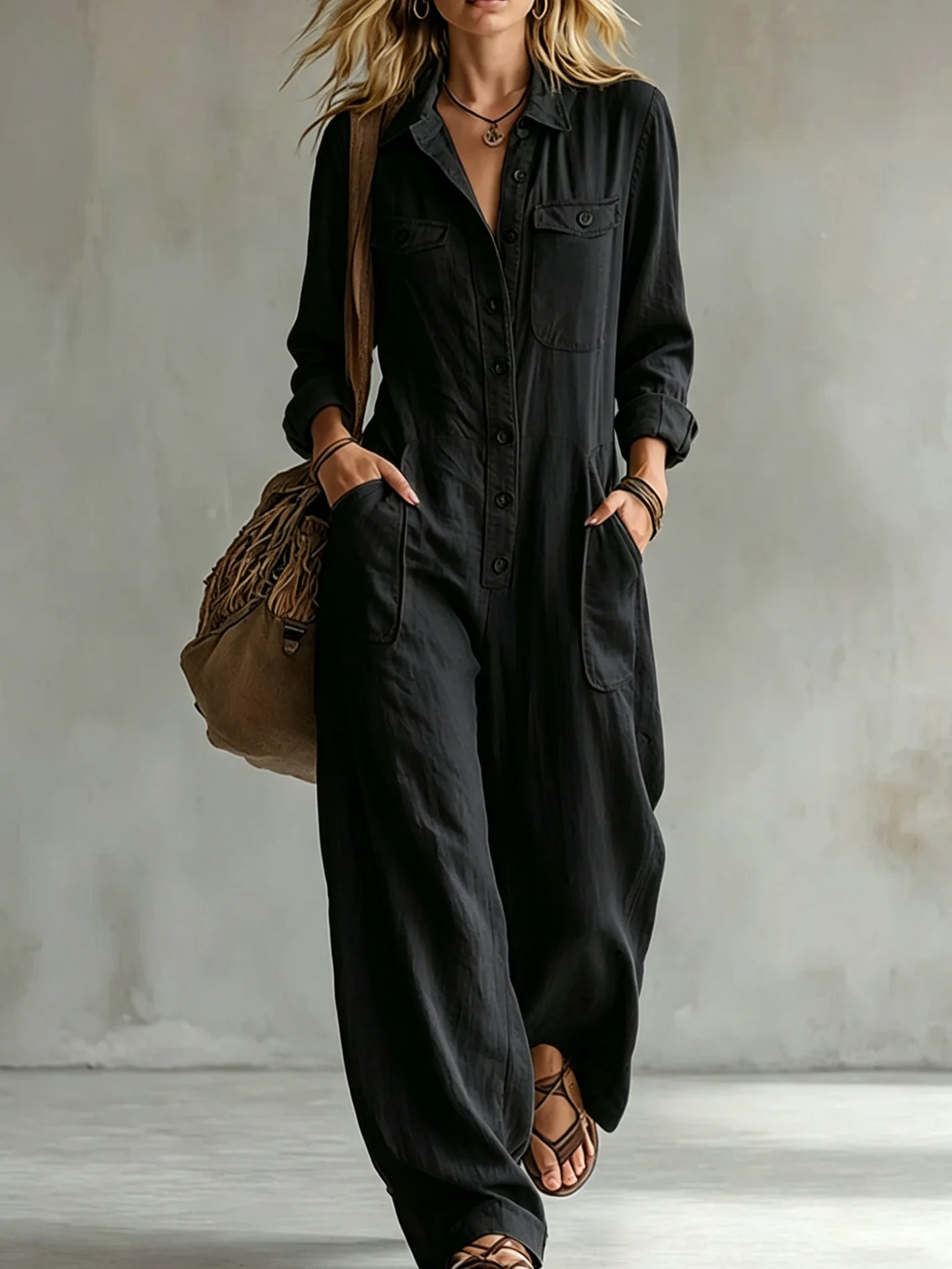 MsChuh Women's Work Jumpsuit 2026 Autumn New Fashion Linen Single Breasted Double Pocket Casual Loose Vacation Female Rompers