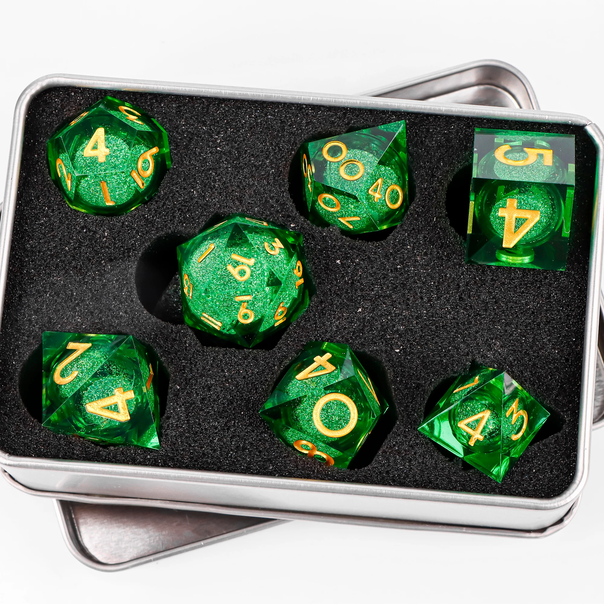 

D&D liquid core dd dice for dungeons and dragons, Green Liquid core dice set for Board games dice, Sharp edge d and d resin dice