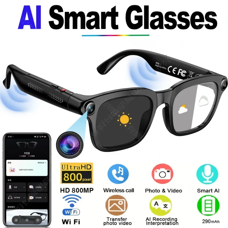 M08 Smart Glasses with Camera Light Color Changing Bluetooth Call AI Conversation Translation FOR Smart Glasses