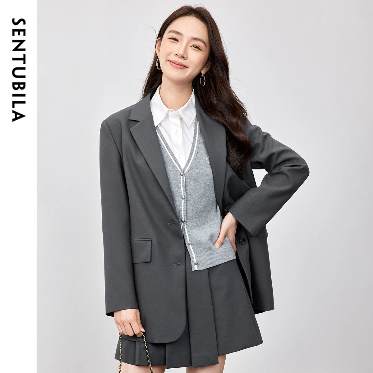 

SENTUBILA Blazer Woman 2025 Autumn Fashion With Pockets Long Sleeves Suits Notched Neck Female Office Lady Outfits 151X58594