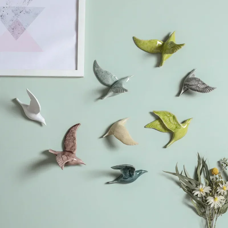 Eco-friendly Ceramics Birds 3d Wall Sticker Living Room Animal Figurine Murals Wall Background Decorative Home Decor Birds Cute